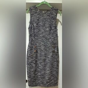 Calvin Klein Black & White Sleeveless Tweed Dress (Button Detail)